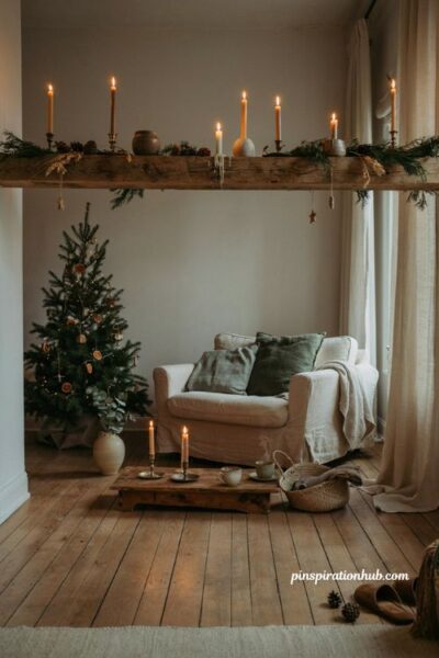 Hygge christmas decor ideas with warm taper candles and cozy mantel styling