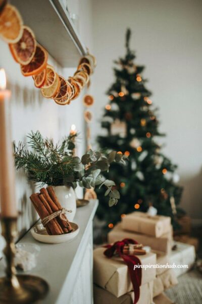 Hygge christmas living room ideas with cozy seating arrangement and fireplace