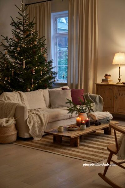 Hygge inspired christmas living room ideas with cozy textures and warm lighting
