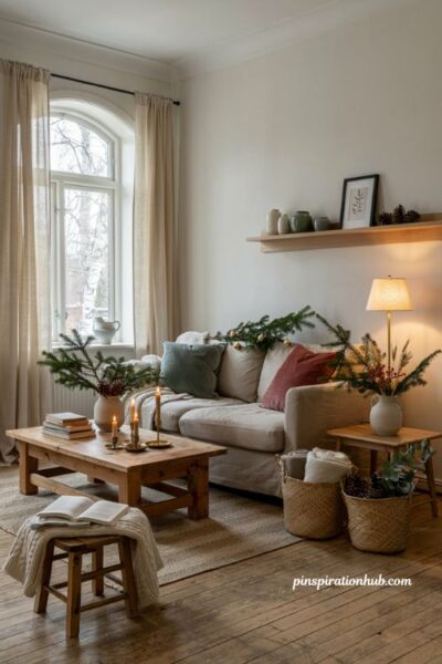 Hygge inspired christmas living room ideas with natural holiday color palette