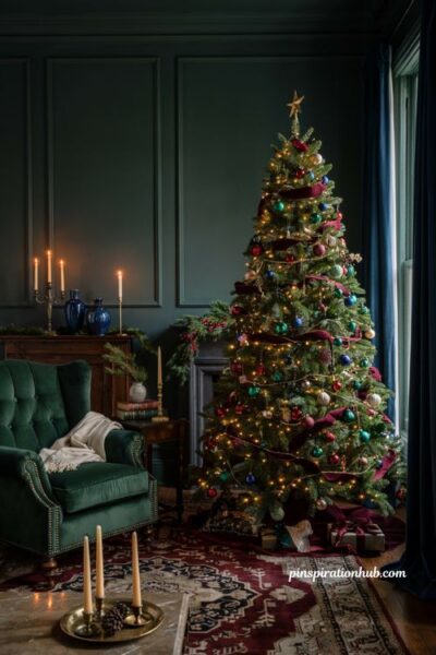 Deep jewel tones christmas living room color scheme ideas with elegant decor