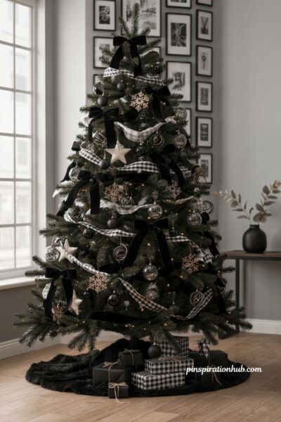 Intentionally styled black christmas tree decorated with solid velvet and patterned buffalo plaid black and white ribbon loops and simple ornaments