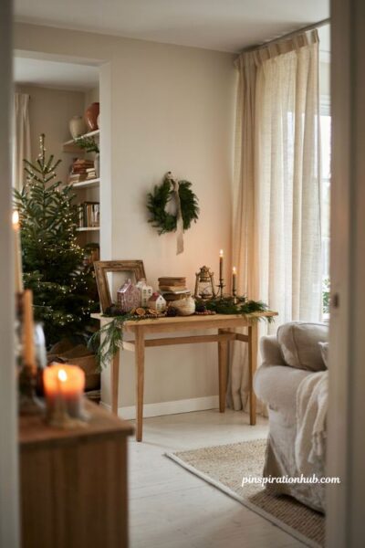 Leaning christmas wall decor vignette with wreath art and cozy holiday styling