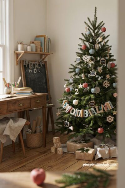 Learning themed Christmas tree ideas for kids with educational ornaments and cozy classroom holiday decor