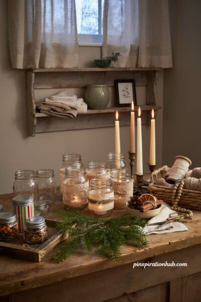 Mason jar luminaries handmade Christmas gift ideas with rustic farmhouse diy holiday decor