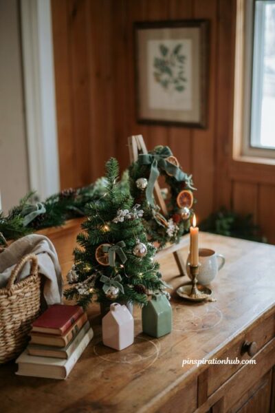 Matching mini Christmas wreath and Dollar Tree tabletop tree decorating idea