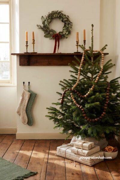 Medium shot, classic European country style with vintage farmhouse touches, warm cream, natural aged timber, muted sage green, aged copper, matte gold, and deep forest green, an earthy graduated-size wooden bead garland draped deeply throughout a lush Fraser Fir Christmas tree with chunky dark wood beads near the bottom tapering to delicate natural wood beads toward the top, worn brass candlestick holders with honey-colored beeswax candles resting on a distressed dark wood mantelpiece alongside an aged eucalyptus wreath tied with a frayed velvet copper ribbon, soft linen parcels wrapped in cream and taupe striped paper tied with jute twine beneath the tree, hand-knitted stockings hanging nearby, diffused soft natural daylight streaming through a multi-paned window casting a gentle nostalgic morning glow, profoundly calm grounding and nostalgic mood where soft muted colors shift the atmosphere, old textures create tangible warmth, and simple details tell a story of collected simplicity, no people, no text, no watermarks, no blur, no bokeh, all surfaces in sharp focus, photorealistic, 4K resolution, editorial interior photography, Pinterest-worthy