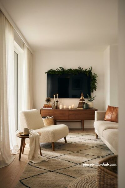 Mid century modern christmas tv console decor with minimalist holiday styling