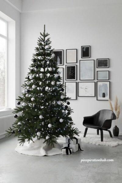 Minimalist black christmas tree with cool white lights and black and white modern ornaments in a monochrome living room