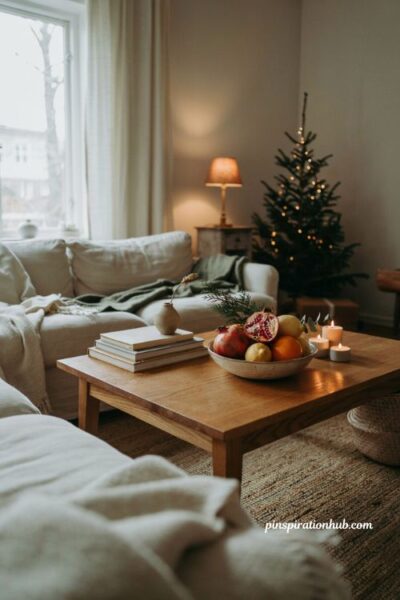 Minimalist christmas decor ideas with a bowl of pomegranates and seasonal citrus