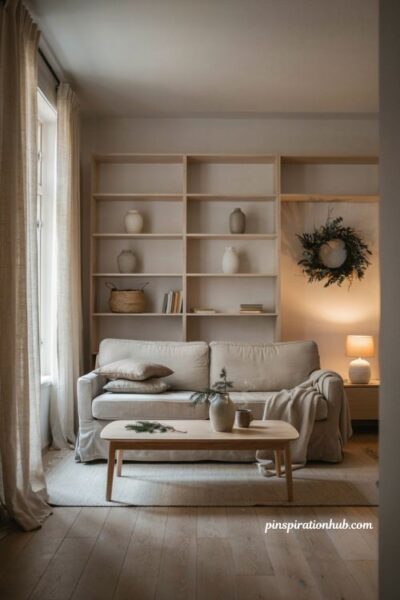 Minimalist christmas decor ideas with a decluttered living room ready for holiday decorating