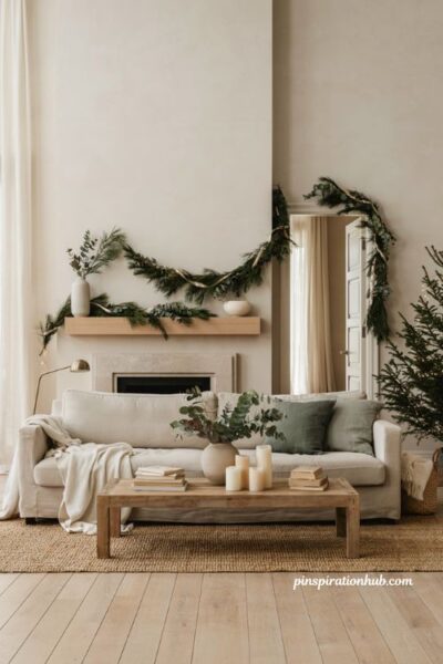 Minimalist christmas decor ideas with a monochromatic evergreen garland and neutral styling
