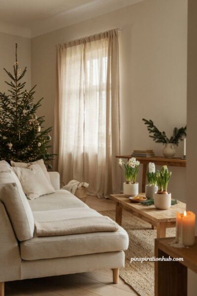 Minimalist christmas decor ideas with blooming narcissus and hyacinth in ceramic pots