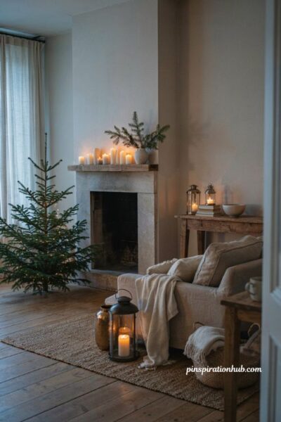 Minimalist christmas decor ideas with candles lanterns and warm cozy lighting