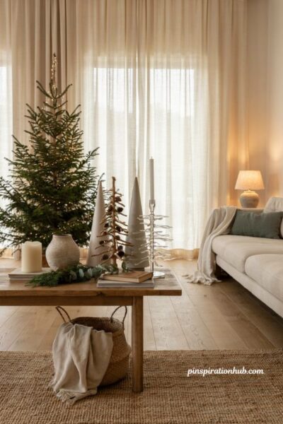 Minimalist christmas decor ideas with grouped tabletop trees for small spaces