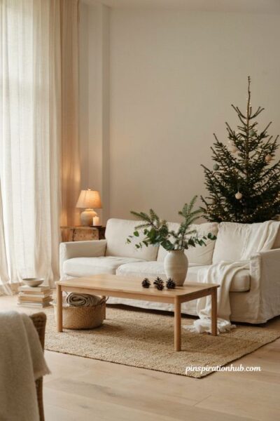 Minimalist christmas decor ideas with natural wood greenery and cozy linen textures