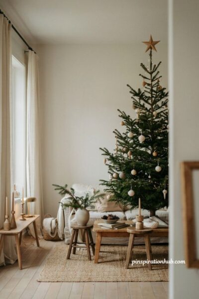 Minimalist christmas decor ideas with natural wooden ornaments and cozy neutral styling