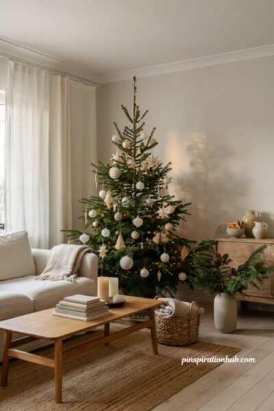 Minimalist christmas decor ideas with tone on tone white cream and gold ornaments