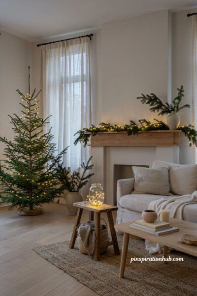 Minimalist christmas decor ideas with warm white fairy lights and cozy neutral styling