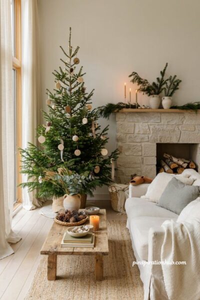 Minimalist natural Christmas decor with pinecones greenery and cozy neutral holiday styling