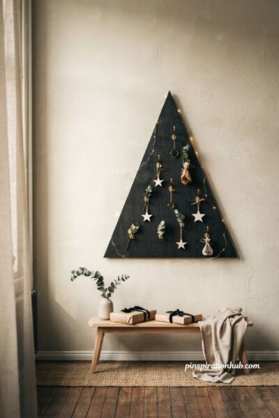 Modern diy plywood black christmas tree wall art with brass hooks and minimalist white ornaments in a small apartment