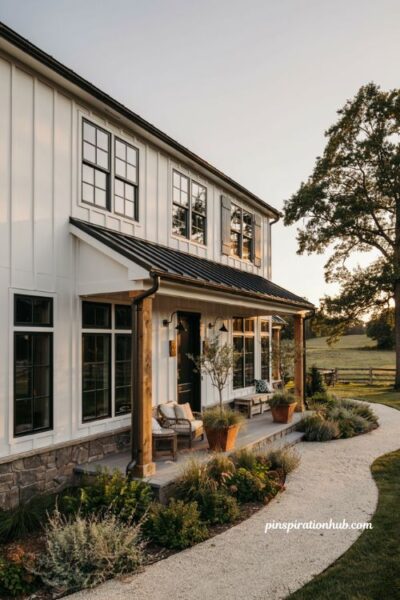 Modern farmhouse exterior with black and white board and batten siding