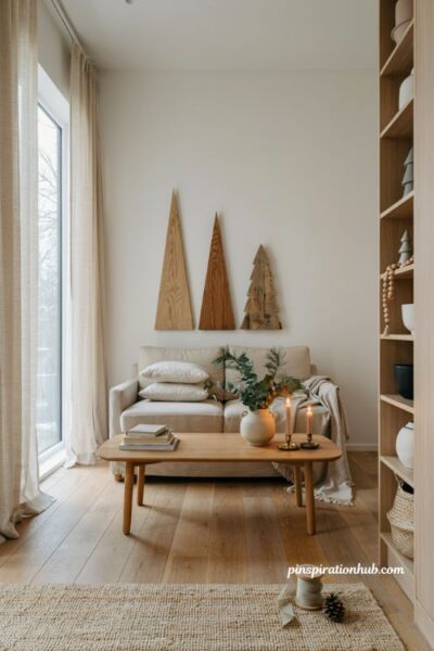 Modern wood christmas tree wall decor trio with minimalist scandinavian living room styling