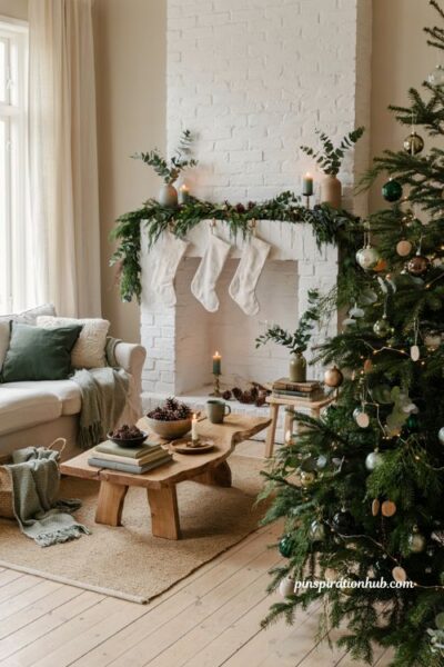 Monochrome green christmas living room color scheme ideas with natural decor