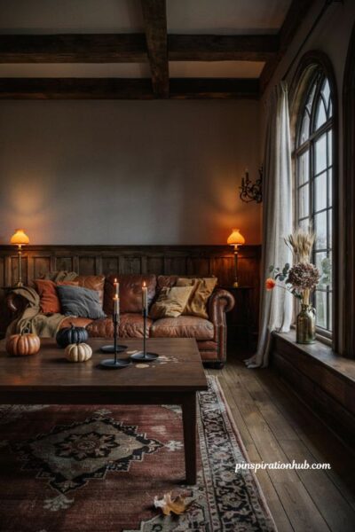Moody and elegant living room halloween decor with warm candlelight and vintage autumn accents