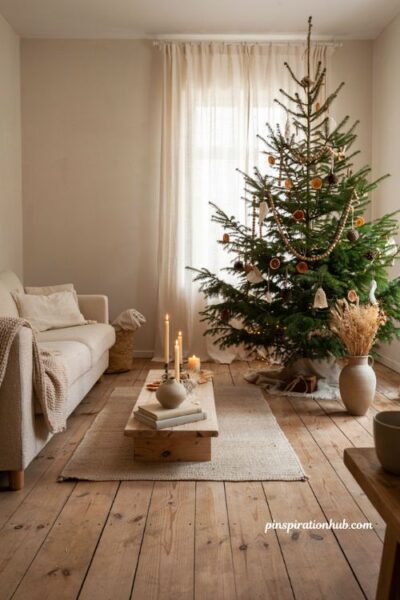 Neutral and natural christmas living room color scheme ideas with wood decor