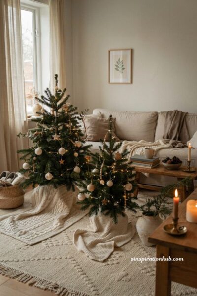 Neutral christmas living room ideas with chunky knit blanket tree skirt decor