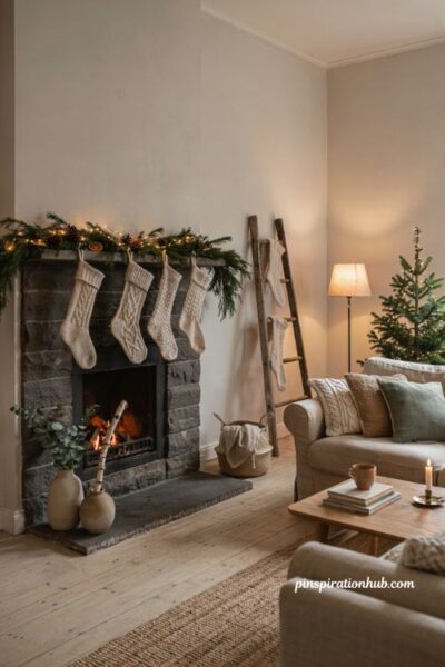 Neutral christmas living room ideas with chunky knit stockings on mantel