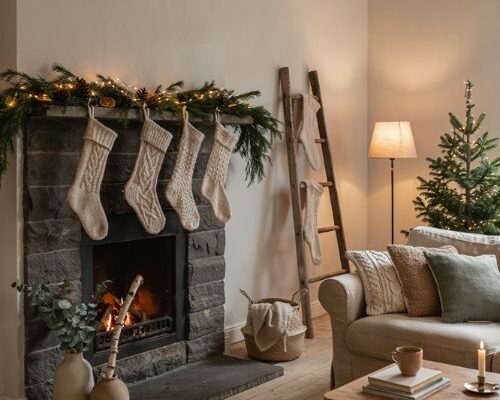 Neutral christmas living room ideas with chunky knit stockings on mantel