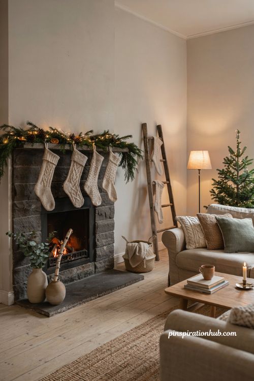Neutral christmas living room ideas with chunky knit stockings on mantel