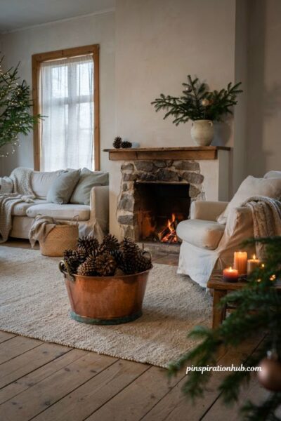 Neutral christmas living room ideas with copper bucket and pinecone decor