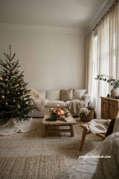 Neutral christmas living room ideas with cozy blankets and layered neutral throws