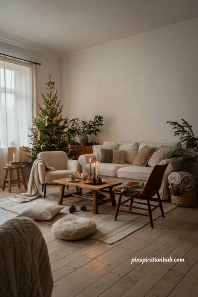 Neutral christmas living room ideas with cozy throw pillows and layered textures