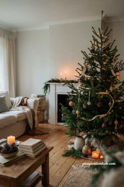 Neutral christmas living room ideas with frosted pinecone tree decorations