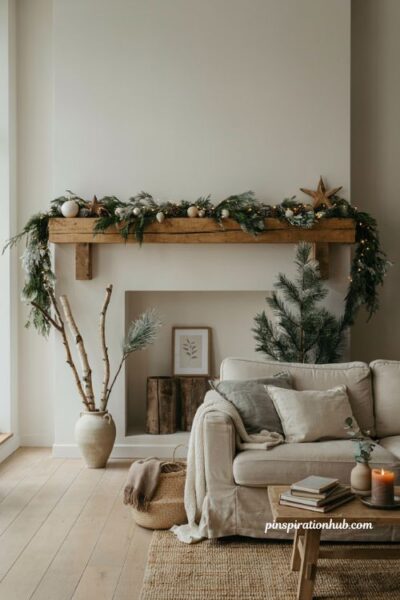 Neutral christmas living room ideas with layered cedar garland mantel decor