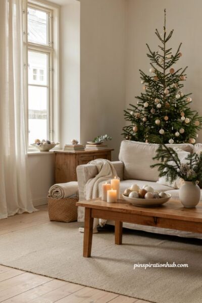 Neutral christmas living room ideas with ornament bowls and simple holiday styling
