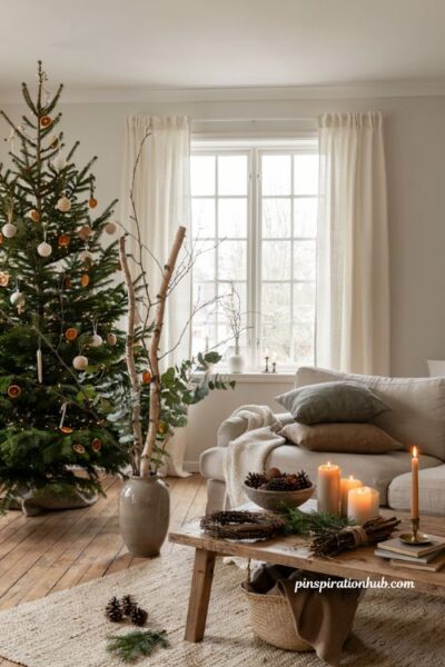 Neutral christmas living room ideas with pinecones and natural wood decor