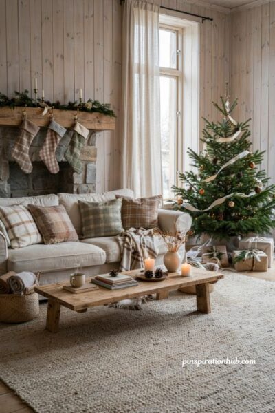 Neutral christmas living room ideas with plaid blankets and cozy farmhouse decor