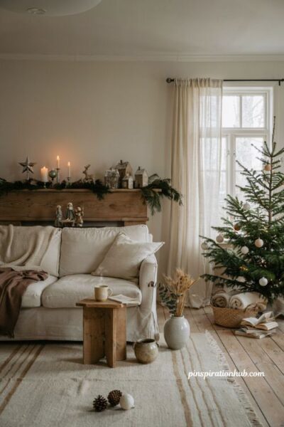 Neutral christmas living room ideas with sentimental holiday decor pieces