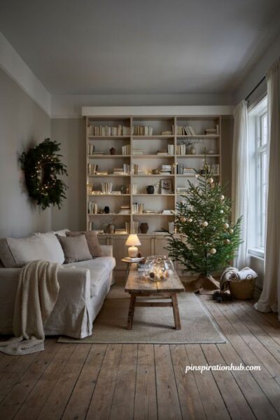 Neutral christmas living room ideas with warm twinkle lights and cozy glow