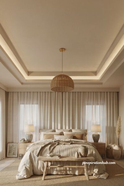 Neutral coastal bedroom with elegant tray ceiling lighting and statement chandelier design