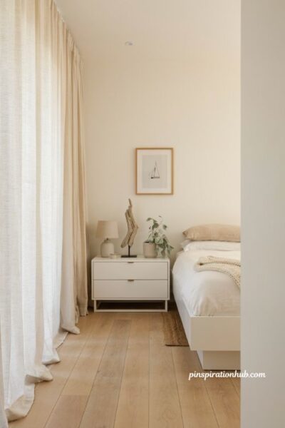 Neutral coastal bedroom with matching nightstands and balanced bedside styling