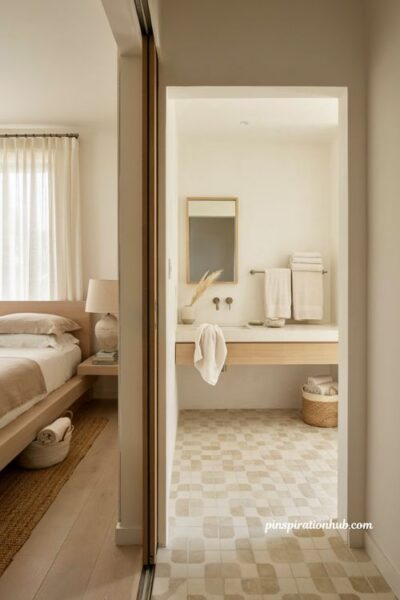 Neutral coastal bedroom with matching peel and stick bathroom tile design for a cohesive ensuite retreat