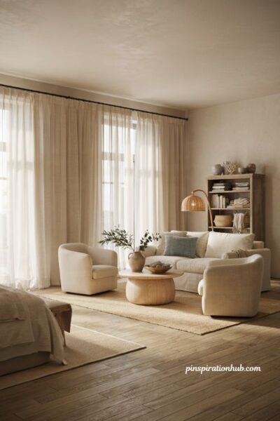 Neutral coastal bedroom with matching peel and stick bathroom tile design for a cohesive ensuite retreat