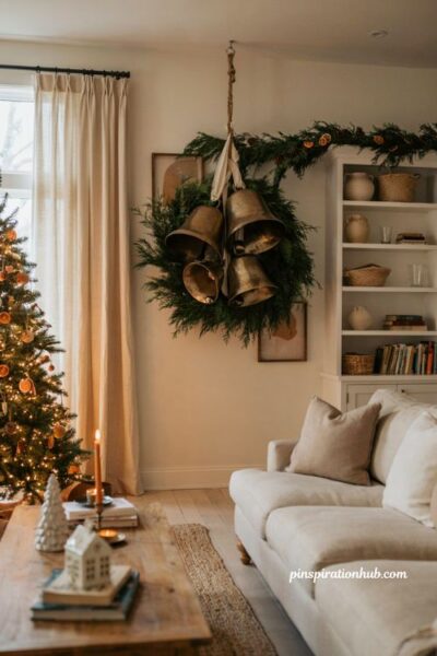 Oversized jingle bell christmas wall decor with rustic elegant holiday living room styling