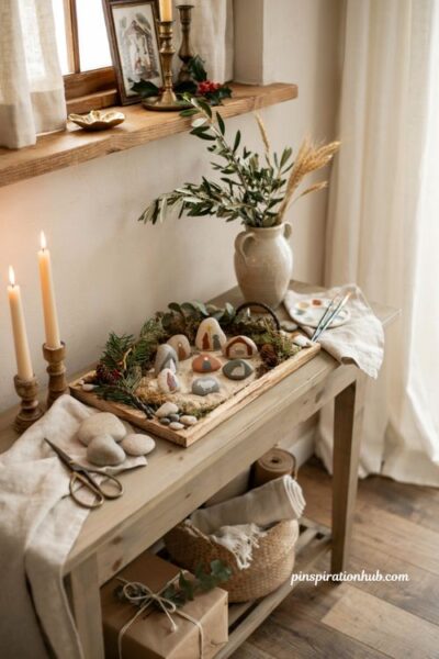 Painted rock nativity scene handmade Christmas gift ideas with rustic diy holiday keepsake decor